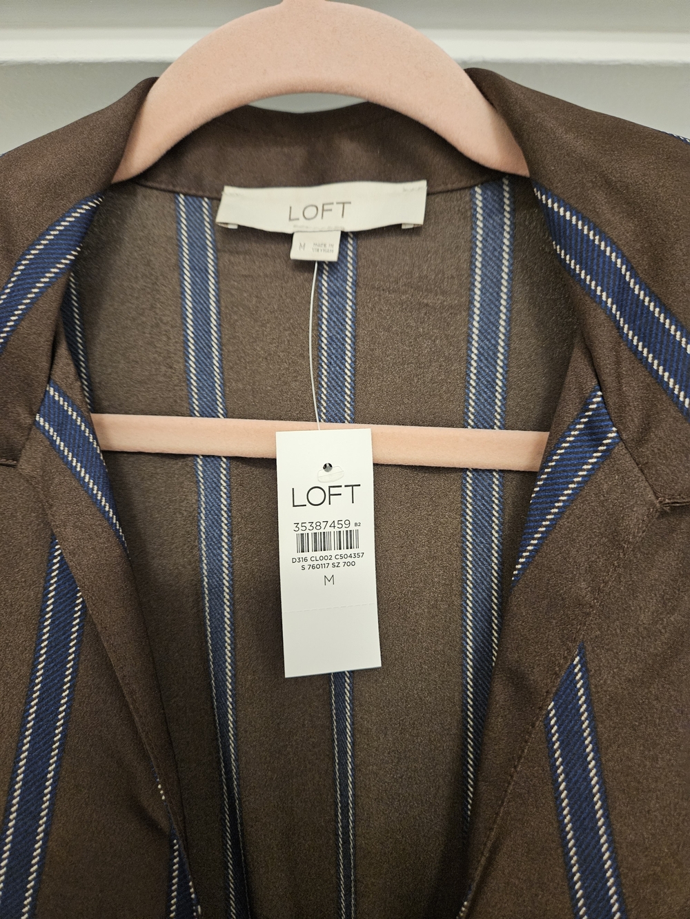 LOFT Brown Wrap Midi Dress with Blue Pinstripes - Picture 4 of 7